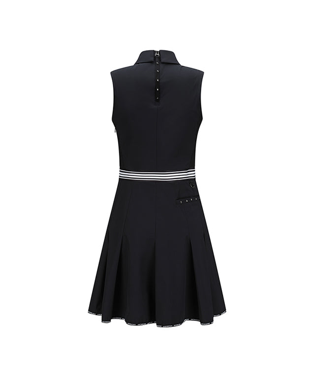 ANEW Golf Women Sleeveless Flare One Piece in Black, showcasing its stylish design and perforated fabric.